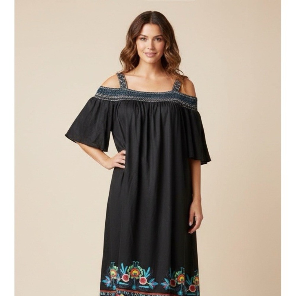 New Sheilay Womens Size Large Cold Shoulder Embroidered Dress Black Boho Peasant